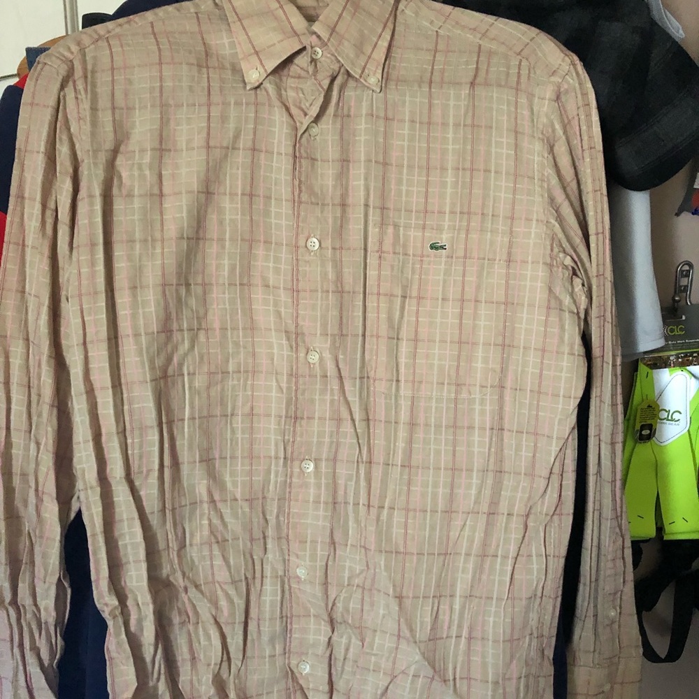 Lacoste Men’s Shirt Size 39. Cream/Pink Plaid/Check Pattern Casual/Dressy Shirt.